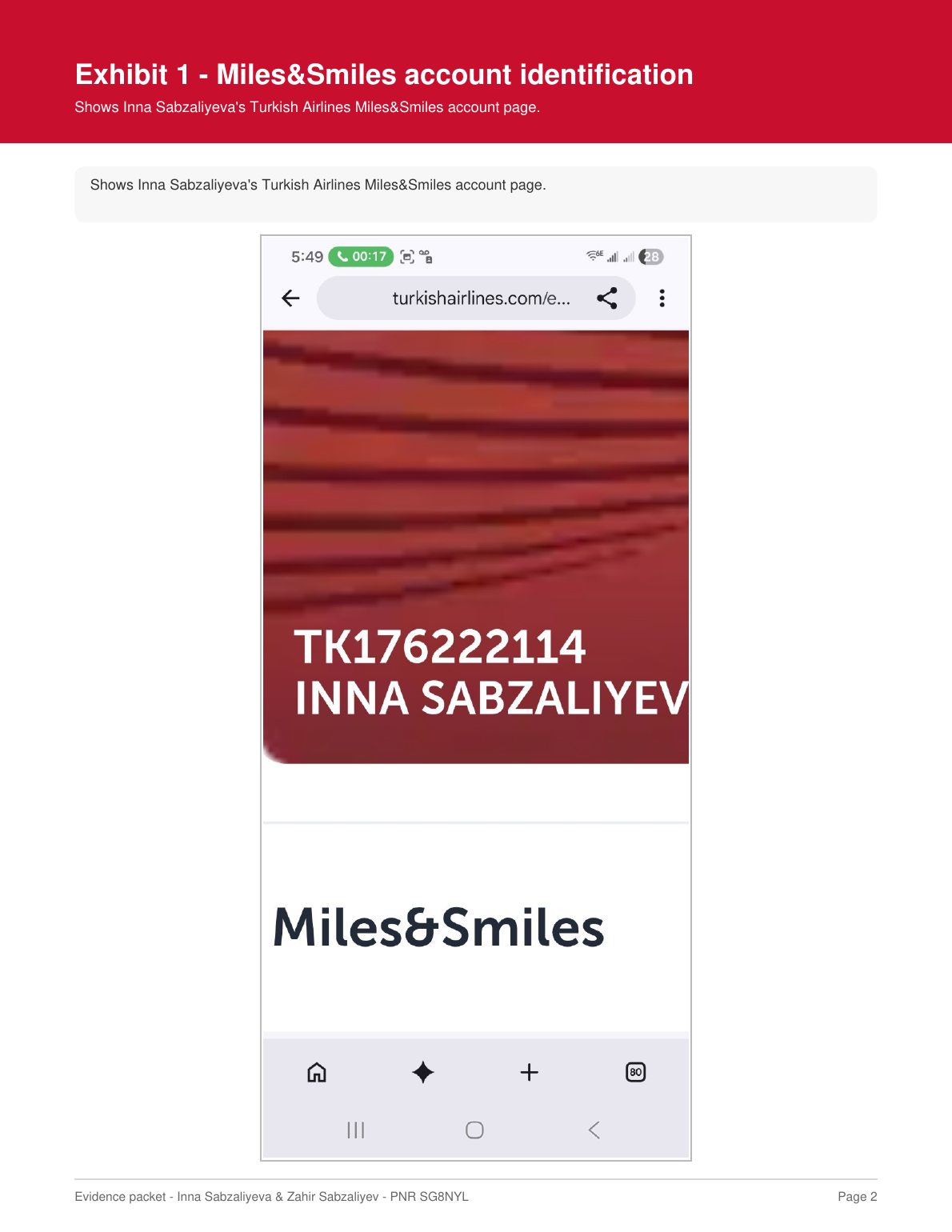 Miles and Smiles account identification for Inna Sabzaliyeva